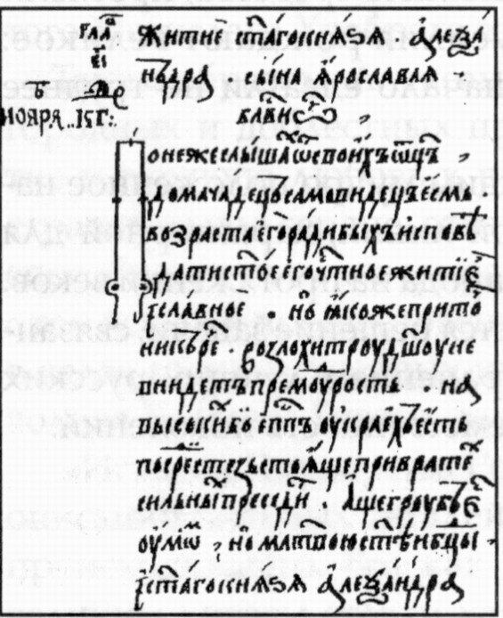 Первый лист «Жития Св. князя Александра Невского». Рукопись конца XVI — начала XVII в