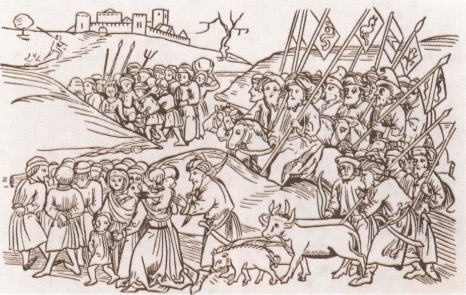 Угон полона в Орду. Миниатюра из венгерской хроники. 1488 г