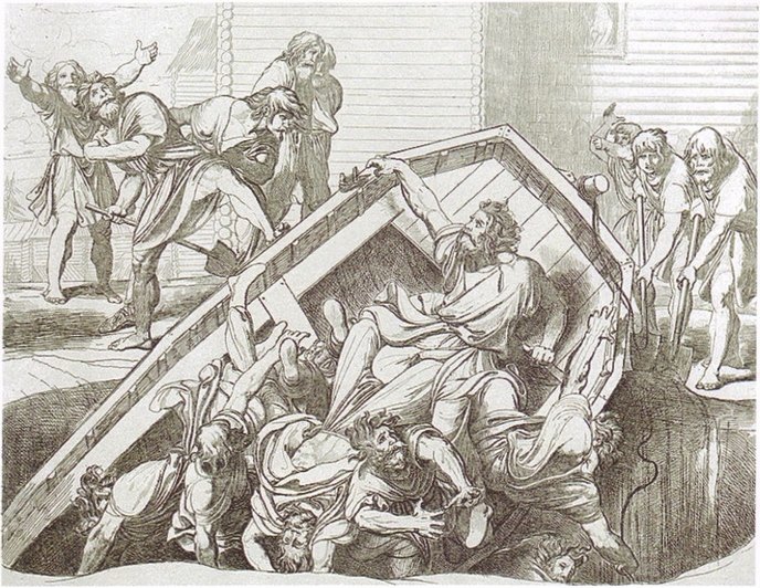 Киевляне погребают ладью с древлянскими послами по повелению Княгини Ольги. По гравюре Ф.А. Бруни, 1839