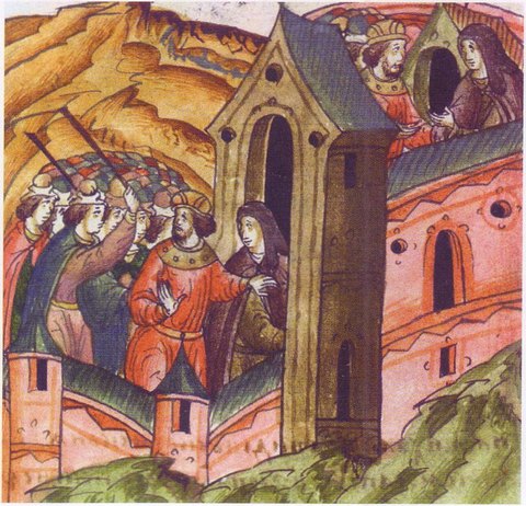 Киевляне пришли в 1147 в монастырь св. Феодора, чтобы убить Князя-инока Игоря Ольговича. Миниатюра Лицевого летописного свода, XVI в