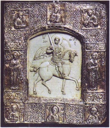 Святой Димитрий Солунский на коне. Резная икона ромейских мастеров, XII в. До начала XIX в. обреталась в Царской Образной палате в Москве
