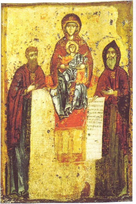 Богоматерь Свенская с преподобными Антонием и Феодосием Печерскими. Икона, ок. 1288
