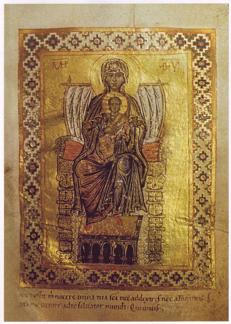 Богородица на троне. Миниатюра из Молитвенника Гертруды (матери князя Ярополка Изяславича), 1078—86