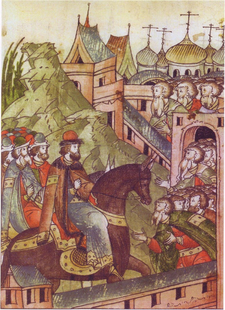 Великий Князь Владимир Всеволодович Мономах прибывает в Киев на престол отца и деда в 1113. Миниатюра Лицевого летописного свода, XVI в
