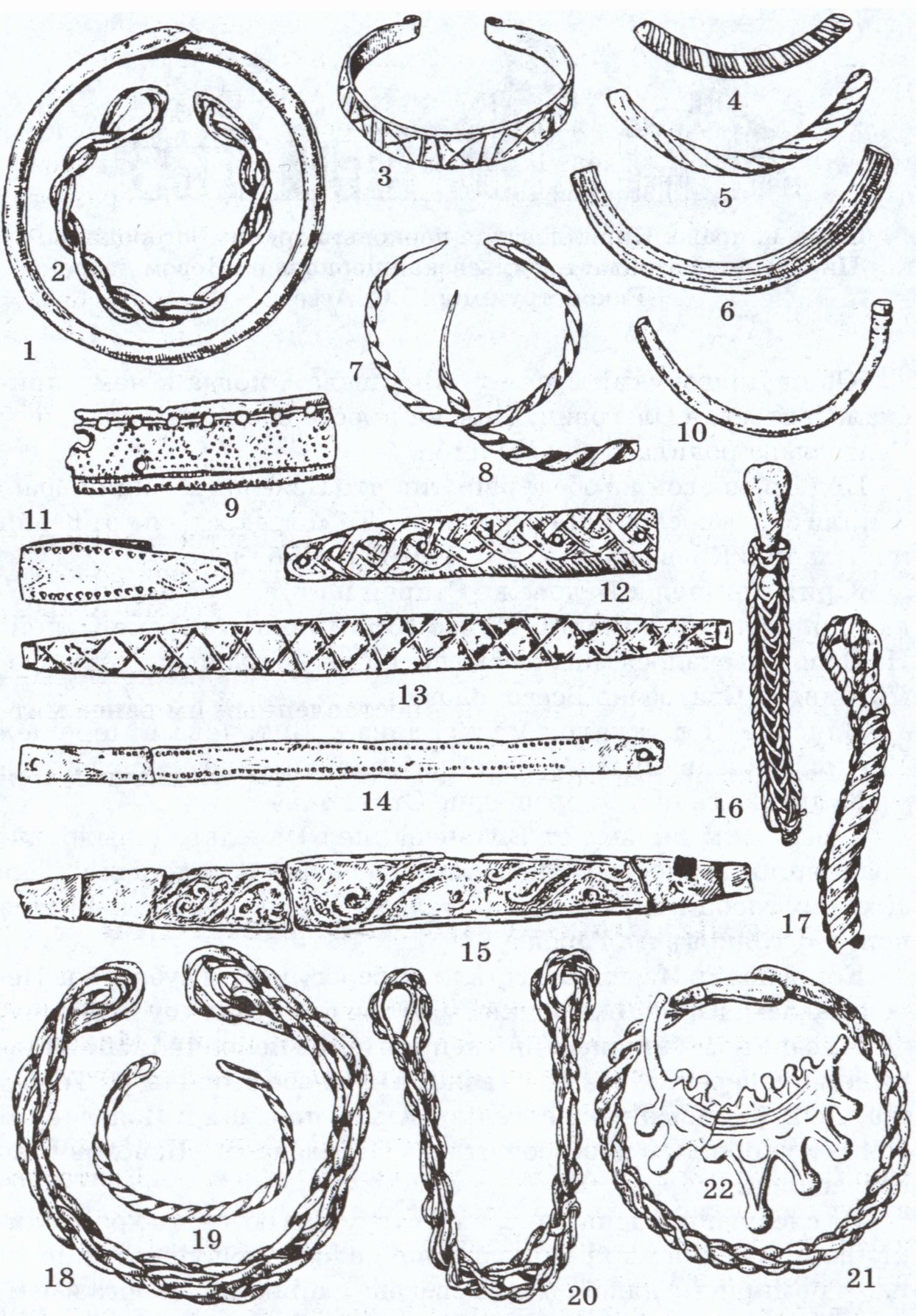 Предметы украшений: 1, 4—6 — браслеты стеклянные; 2, 3, 7—21 — браслеты бронзовые; 22 — височное кольцо