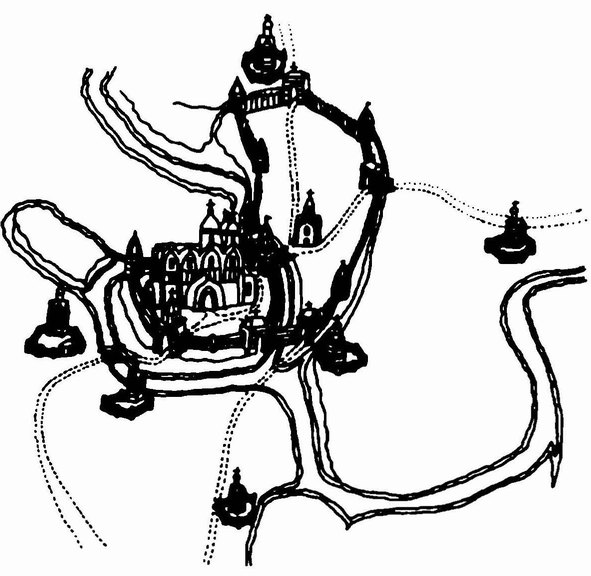 Суздаль. Схема расположения городских укреплений и монастырей. Реконструкция Е.М. Караваевой