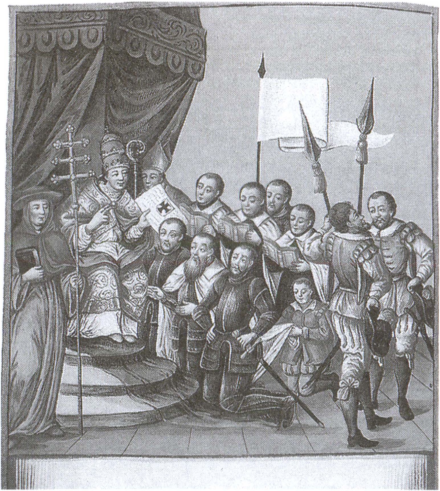 Папа римский дарует Тевтонскому ордену черный крест на первоначально белый стяг ордена