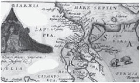 Биармия (в левом верхнем углу) и Пермь (в правом нижнем углу) на карте Антония Дженкинсона, 1562 г.