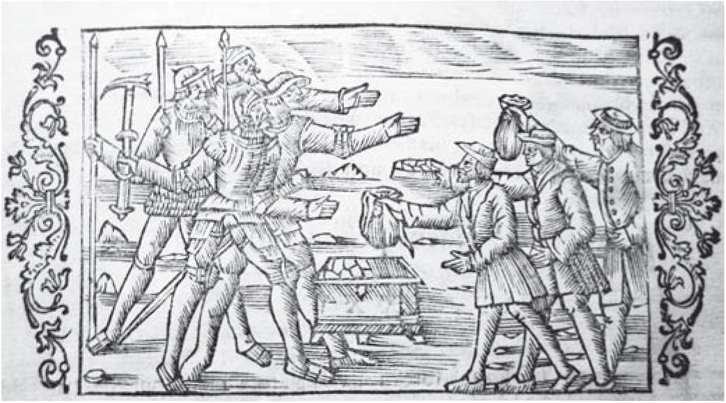 Получение дани. Рисунок из книги Olaus Magnus, Gothus. Historia de gentibus septentrionalibus / Olaus Magnus. Romae, 1555