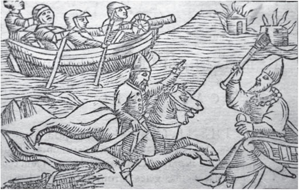 Действия скандинавов против московитов. Рисунок из книги Ohms Magnus, Gothus. Historia de gentibus septentrionalibus / Olaus Magnus. Romae, 1555