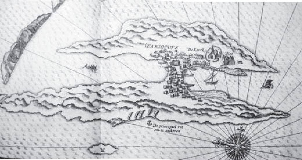 «Замок Варгав» на гравюре с карты Я. X. ван Линсхотена 1595 года. В 1307 году на западном берегу Варангер фьорда, была построена и всячески укреплялась крепость Вардехус (Vardohus «дружинный дом»)