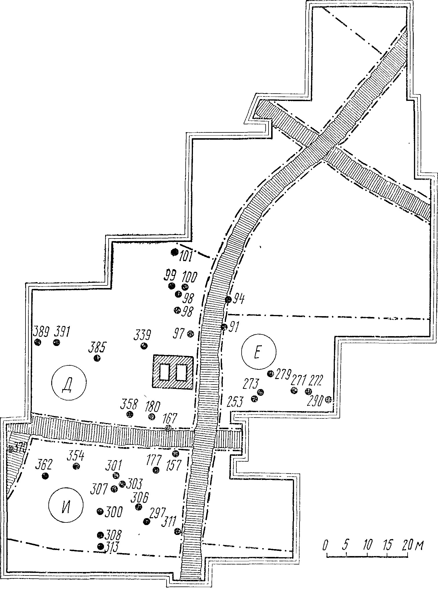 План расположения грамот с именами Мишиничей на усадьбах Неревского раскопа