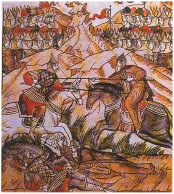Бой Пересвета и Челубея. Миниатюра из Летописного свода XVI века