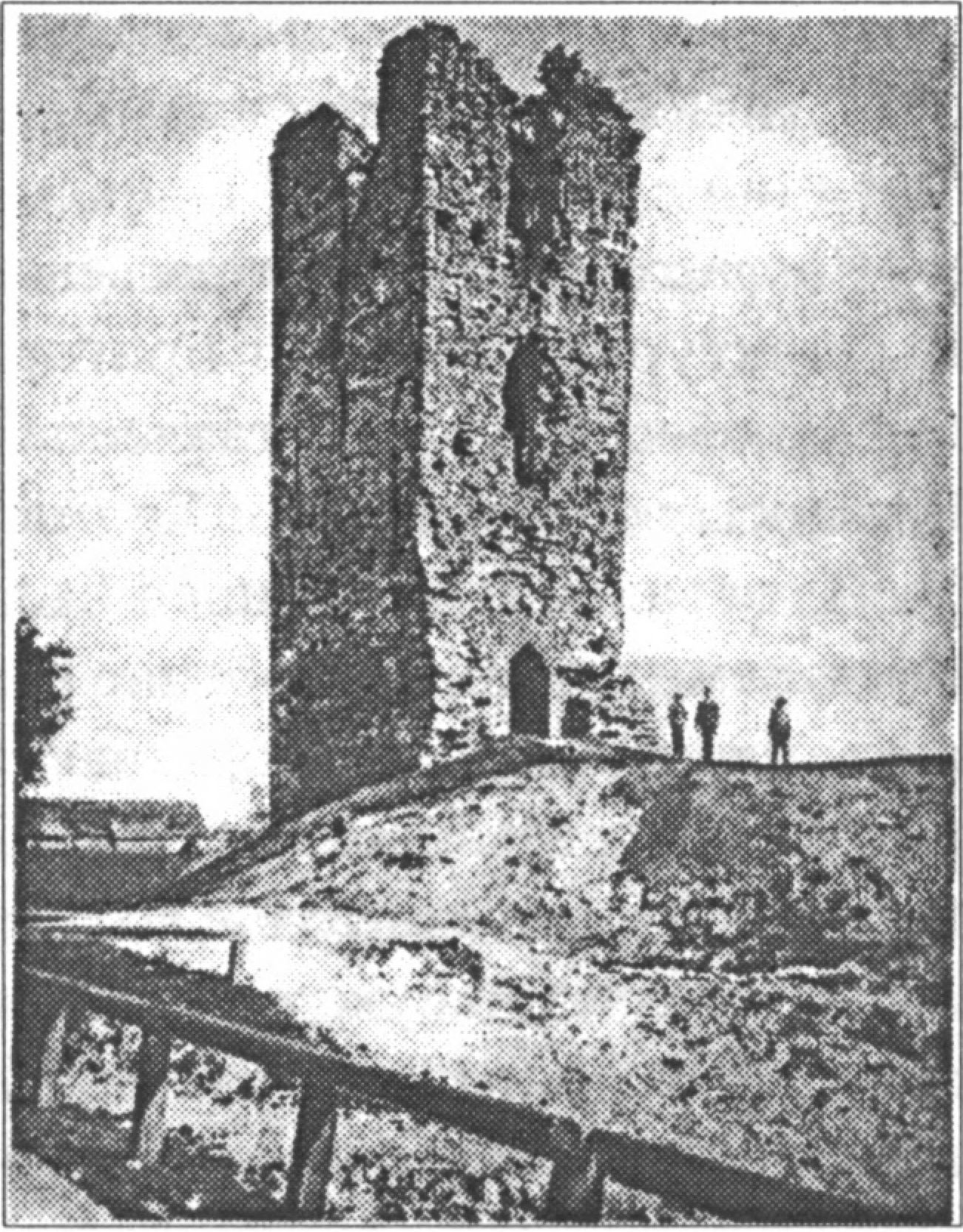 Ил. 66. Башня в Столпье. Первая половина XIII в. Общий вид с юга. Гравюра второй половины XIX в.
