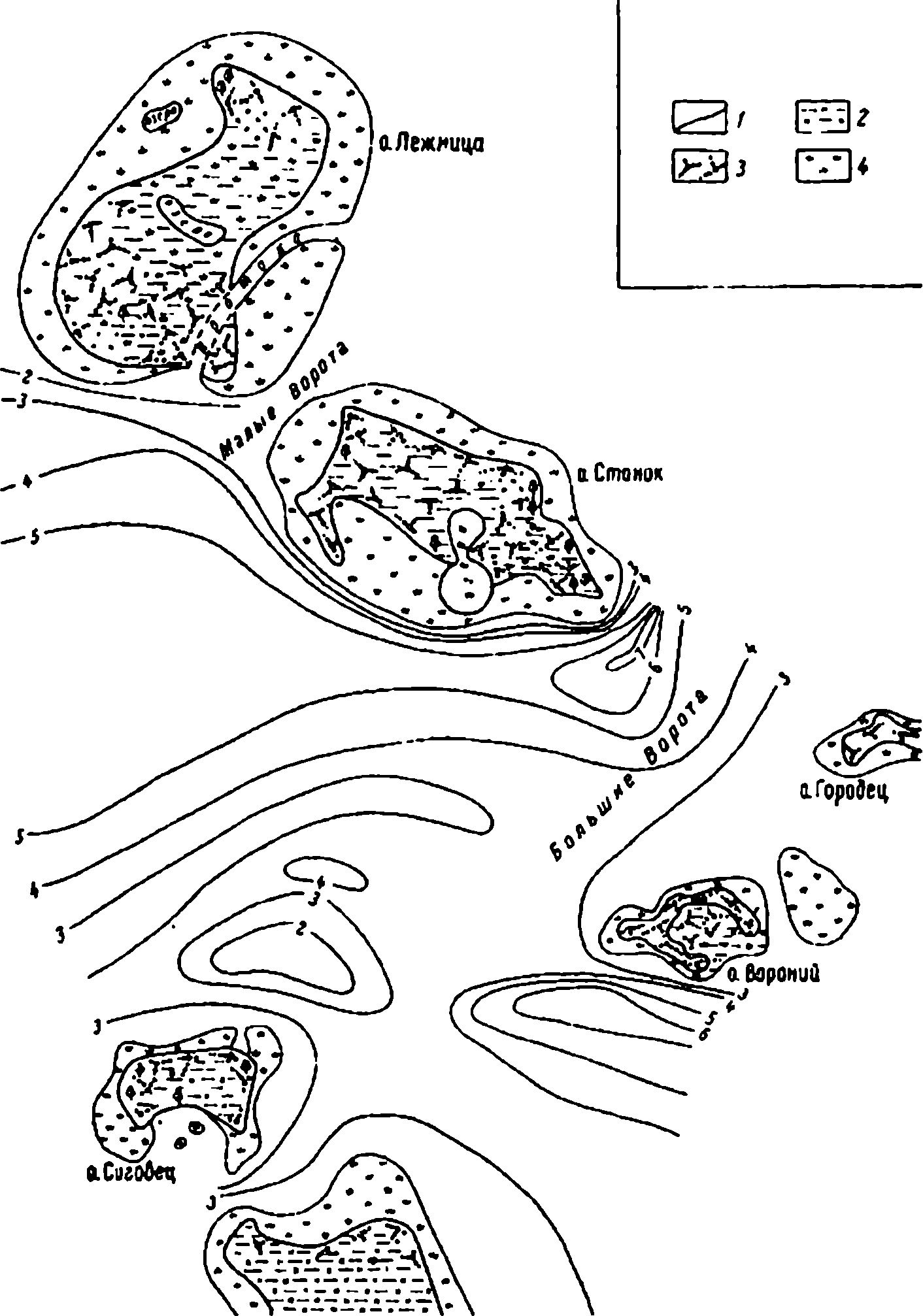 Схема участка Теплого озера в районе Больших Ворот: 1 — границы суши; 2 — болото; 3 — кустарник; 4 — камыш. Цифры изобат указывают глубину в м