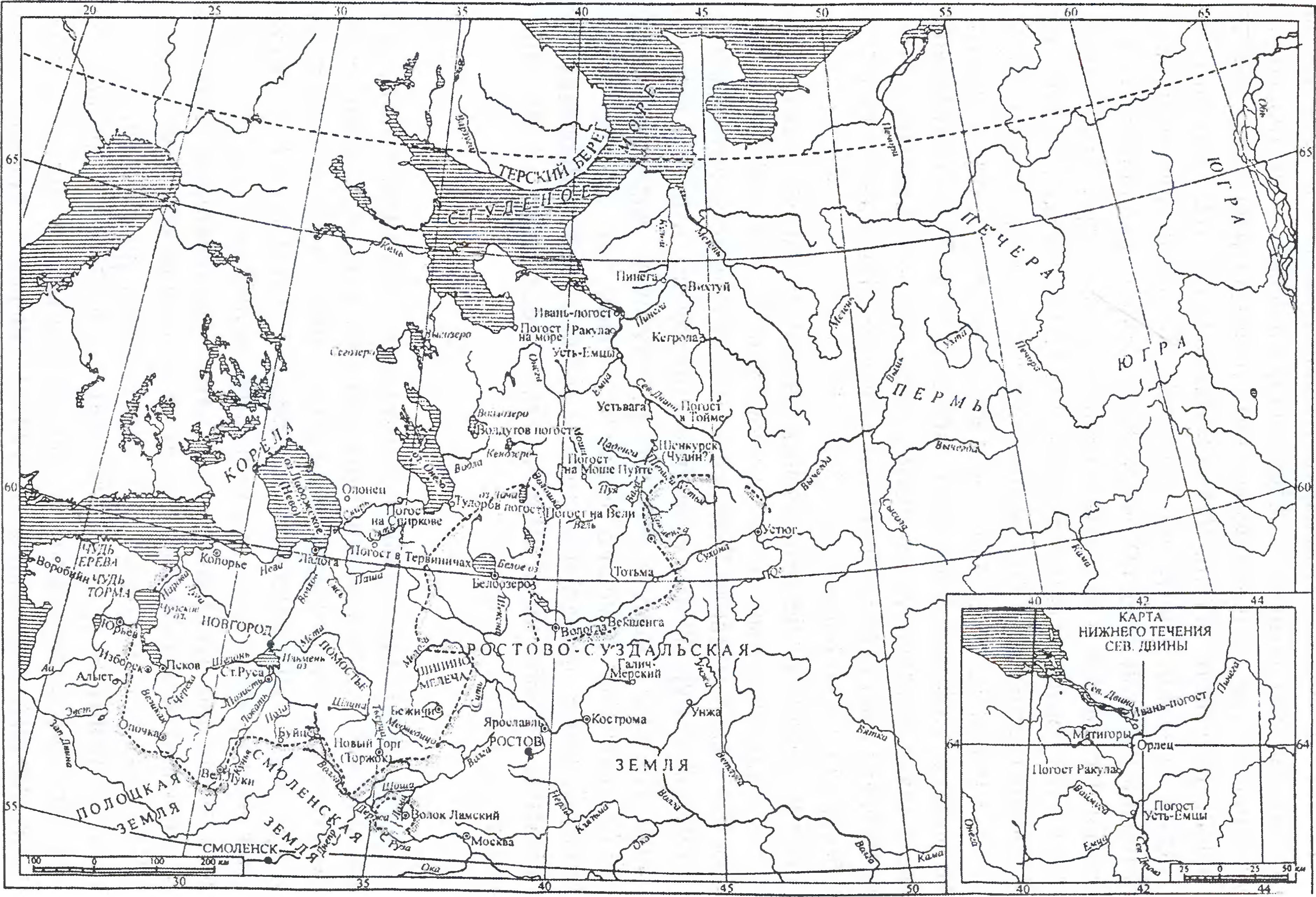 Новгородская земля в XIII в. Границы указаны схематически