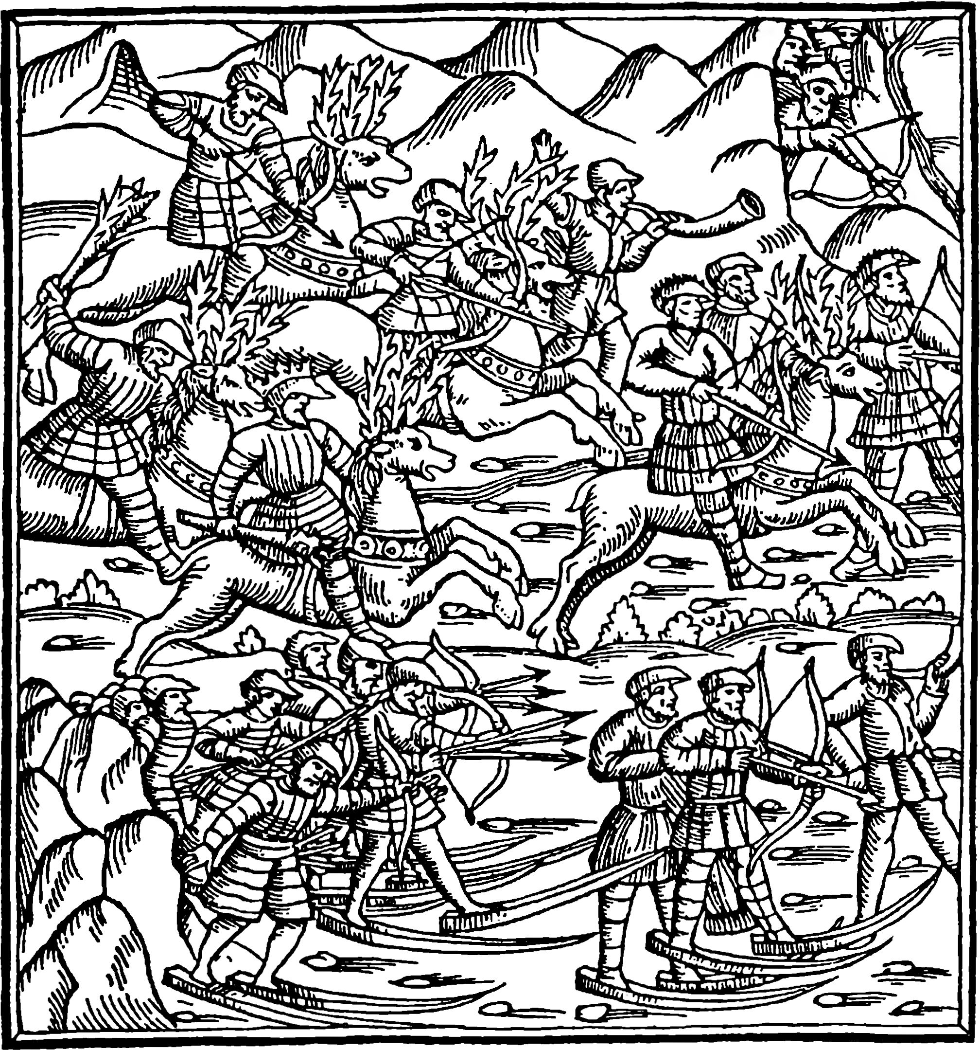 Финское войско на лыжах и оленях. Гравюра книги Олафа Магнуса «История северных народов» (1555 г.)