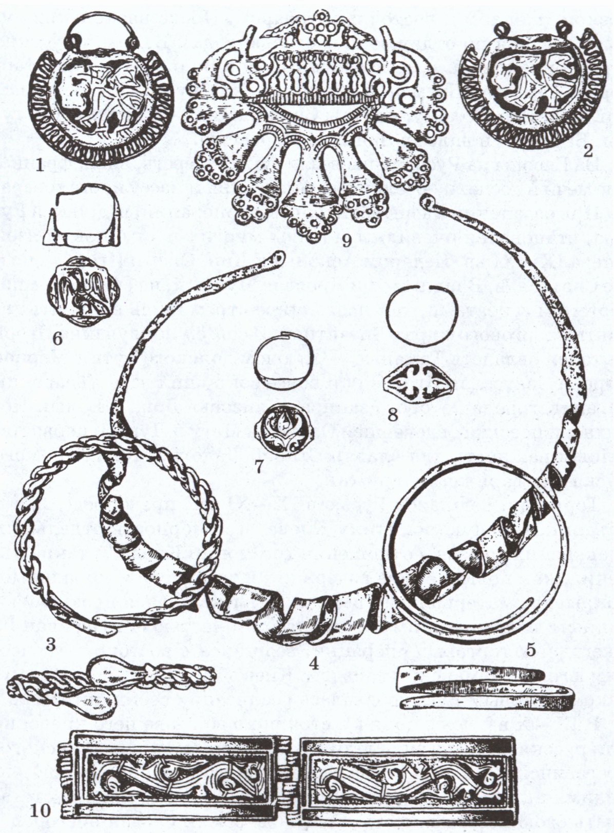 Клады, зарытые в земле вятичей: 1—2 — колты; 3, 5, 10 — браслеты; 4 — шейная гривна; 6—8 — перстни; 9 — височное кольцо