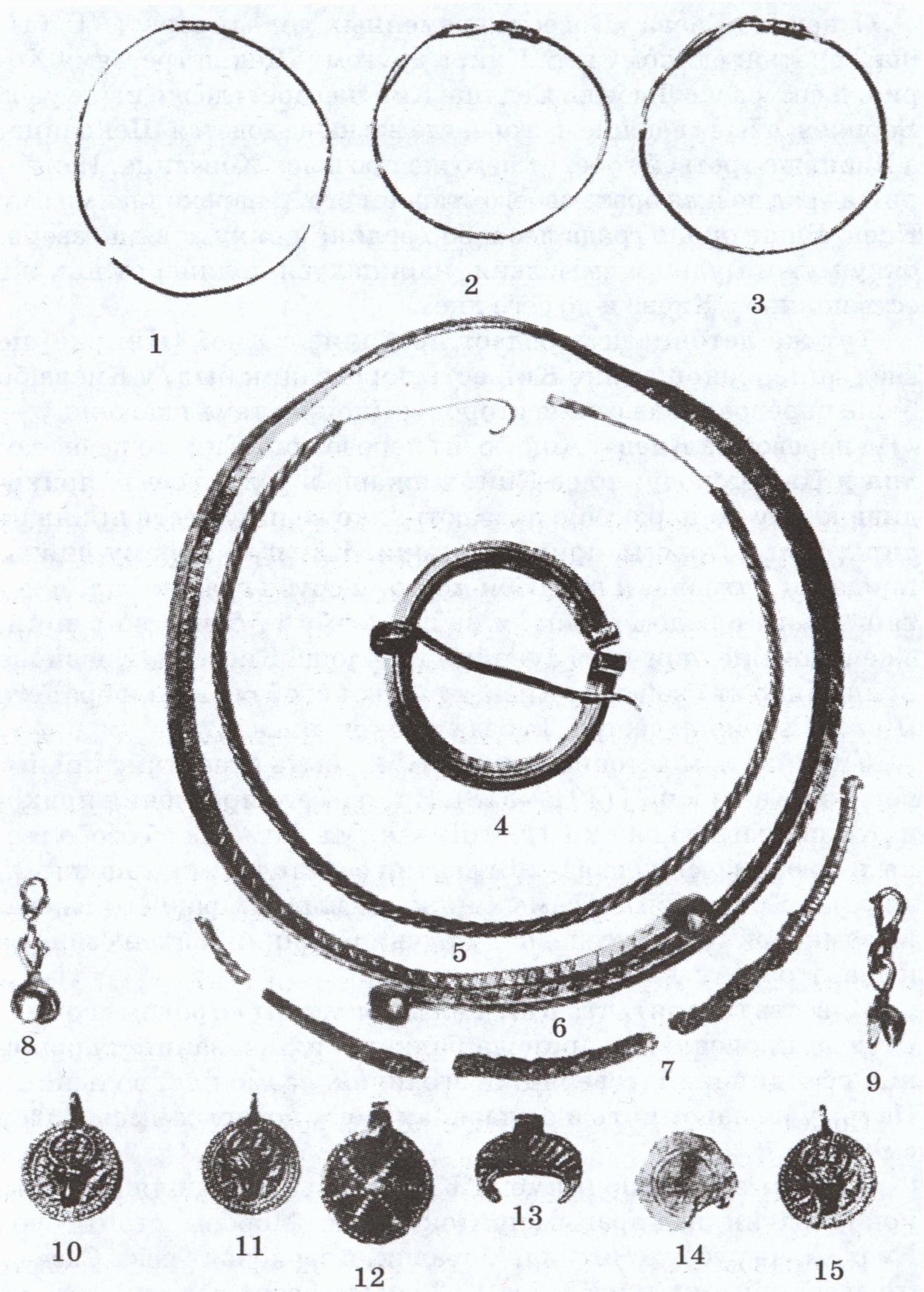 Могильник Нефедьево. Находки из погребения 31. 1—6, 8—15 — цветной металл; 7 — железо