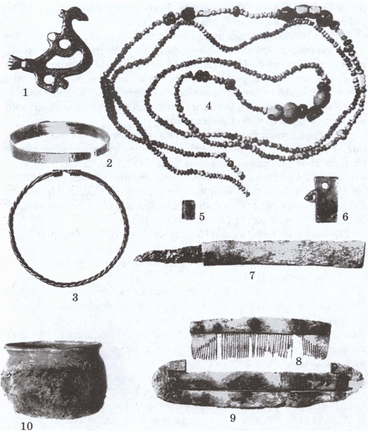 Могильник Нефедьево. Находки из погребения 31. 1—3, 5, 6 — цветной металл; 4 — стекло; 7 — железо; 8—9 — кость; 10 — керамика